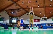 12 March 2024; Adrien Michaux of TUS Midlands shoots a free-throw during the Basketball Ireland College Division 3 Men's finals match between Technological University of the Shannon, Midlands and Mary Immaculate College Limerick at National Basketball Arena Tallaght. Photo by Tyler Miller/Sportsfile