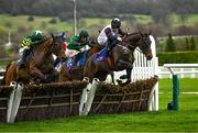 12 March 2024; Slade Steel, with Rachael Blackmore up, jumps the last ahead of Mystical Power, with Mark Walsh up, left, who finished second, on their way to winning the Supreme Novices' Hurdle on day one of the Cheltenham Racing Festival at Prestbury Park in Cheltenham, England. Photo by Harry Murphy/Sportsfile