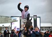 12 March 2024; Jockey Rachael Blackmore celebrates aboard Slade Steel after winning the Supreme Novices' Hurdle on day one of the Cheltenham Racing Festival at Prestbury Park in Cheltenham, England. Photo by Harry Murphy/Sportsfile