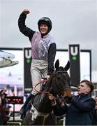 12 March 2024; Jockey Rachael Blackmore celebrates aboard Slade Steel after winning the Supreme Novices' Hurdle on day one of the Cheltenham Racing Festival at Prestbury Park in Cheltenham, England. Photo by Harry Murphy/Sportsfile