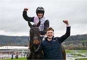 12 March 2024; Jockey Rachael Blackmore celebrates aboard Slade Steel with groom Jack Kelly after winning the Supreme Novices' Hurdle on day one of the Cheltenham Racing Festival at Prestbury Park in Cheltenham, England. Photo by David Fitzgerald/Sportsfile