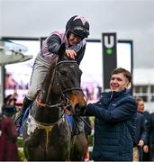 12 March 2024; Jockey Rachael Blackmore celebrates aboard Slade Steel with groom Jack Kelly after winning the Supreme Novices' Hurdle on day one of the Cheltenham Racing Festival at Prestbury Park in Cheltenham, England. Photo by Harry Murphy/Sportsfile