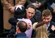 12 March 2024; Trainer Henry De Bromhead celebrates with jockey Rachael Blackmore after winning the Supreme Novices' Hurdle with Slade Steel on day one of the Cheltenham Racing Festival at Prestbury Park in Cheltenham, England. Photo by David Fitzgerald/Sportsfile