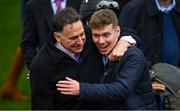 12 March 2024; Trainer Henry De Bromhead, left, celebrates with Rob Acheson, son of Slade Steel owner Brian Acheson, after victory in the Supreme Novices' Hurdle with Slade Steel on day one of the Cheltenham Racing Festival at Prestbury Park in Cheltenham, England. Photo by David Fitzgerald/Sportsfile