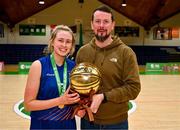 12 March 2024; Grainne O'Reilly of MICL is presented the player of the match award by NBCC chairperson Darren McGovern after the Basketball Ireland College Division 3 Women’s finals match between Technological University of the Shannon, Midlands and Mary Immaculate College Limerick at National Basketball Arena Tallaght. Photo by Tyler Miller/Sportsfile