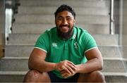 12 March 2024; Bundee Aki poses for a portrait after an Ireland rugby media conference at the IRFU High Performance Centre at the Sports Ireland Campus in Dublin. Photo by Brendan Moran/Sportsfile