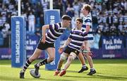 12 March 2024; Niall Fallon of Terenure College, left, celebrates after scoring his side's second try during the Bank of Ireland Schools Junior Cup semi-final match between Blackrock College and Terenure College at Energia Park in Dublin. Photo by Sam Barnes/Sportsfile