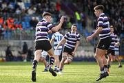 12 March 2024; Niall Fallon of Terenure College, left, celebrates with team-mate Andrew Smyth after scoring their side's second try during the Bank of Ireland Schools Junior Cup semi-final match between Blackrock College and Terenure College at Energia Park in Dublin. Photo by Sam Barnes/Sportsfile