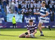 12 March 2024; Niall Fallon of Terenure College scores his side's second try during the Bank of Ireland Schools Junior Cup semi-final match between Blackrock College and Terenure College at Energia Park in Dublin. Photo by Sam Barnes/Sportsfile