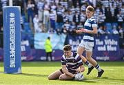 12 March 2024; Niall Fallon of Terenure College scores his side's second try during the Bank of Ireland Schools Junior Cup semi-final match between Blackrock College and Terenure College at Energia Park in Dublin. Photo by Sam Barnes/Sportsfile