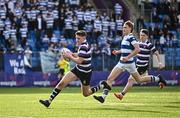 12 March 2024; Niall Fallon of Terenure College on his way to scoring his side's second try during the Bank of Ireland Schools Junior Cup semi-final match between Blackrock College and Terenure College at Energia Park in Dublin. Photo by Sam Barnes/Sportsfile