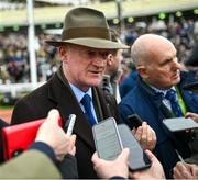 12 March 2024; Trainer Willie Mullins is interviewed after sending out State Man to win the Unibet Champion Hurdle Challenge Trophy after victory with on day one of the Cheltenham Racing Festival at Prestbury Park in Cheltenham, England. Photo by David Fitzgerald/Sportsfile