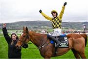 12 March 2024; Jockey Paul Townend celebrates aboard State Man with groom Rachel Robins after winning the Unibet Champion Hurdle Challenge Trophy on day one of the Cheltenham Racing Festival at Prestbury Park in Cheltenham, England. Photo by David Fitzgerald/Sportsfile