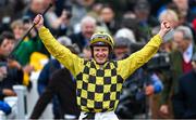 12 March 2024; Jockey Paul Townend celebrates aboard State Man after winning the Unibet Champion Hurdle Challenge Trophy on day one of the Cheltenham Racing Festival at Prestbury Park in Cheltenham, England. Photo by David Fitzgerald/Sportsfile
