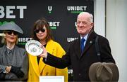 12 March 2024; Trainer Willie Mullins celebrates after sending out State Man to win the Unibet Champion Hurdle Challenge Trophy on day one of the Cheltenham Racing Festival at Prestbury Park in Cheltenham, England. Photo by Harry Murphy/Sportsfile