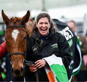 12 March 2024; Groom Rachel Robins celebrates after State Man won the Unibet Champion Hurdle Challenge Trophy on day one of the Cheltenham Racing Festival at Prestbury Park in Cheltenham, England. Photo by Harry Murphy/Sportsfile