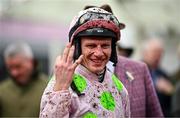 12 March 2024; Jockey Paul Townend celebrates after winning his third race on day one of the Cheltenham Racing Festival at Prestbury Park in Cheltenham, England. Photo by Harry Murphy/Sportsfile