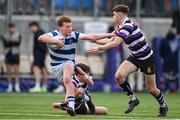 12 March 2024; Paddy Scally of Blackrock College is tackled by Tommy Smyth, left, and Niall Fallon of Terenure College during the Bank of Ireland Schools Junior Cup semi-final match between Blackrock College and Terenure College at Energia Park in Dublin. Photo by Sam Barnes/Sportsfile