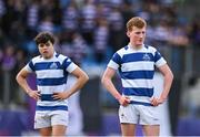 12 March 2024; Paddy Scally of Blackrock College, right, and team-mate Donnacha Murray dejected after their side's defeat in the Bank of Ireland Schools Junior Cup semi-final match between Blackrock College and Terenure College at Energia Park in Dublin. Photo by Sam Barnes/Sportsfile