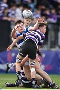 12 March 2024; Lucas Hill of Blackrock College is tackled by Aaron Dillon of Terenure College during the Bank of Ireland Schools Junior Cup semi-final match between Blackrock College and Terenure College at Energia Park in Dublin. Photo by Sam Barnes/Sportsfile