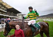 12 March 2024; Jockey Derek O'Connor celebrates aboard Corbetts Cross after winning the Maureen Mullins National Hunt Challenge Cup Amateur Jockeys' Novices' Chase on day one of the Cheltenham Racing Festival at Prestbury Park in Cheltenham, England. Photo by David Fitzgerald/Sportsfile