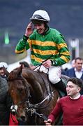 12 March 2024; Jockey Derek O'Connor celebrates aboard Corbetts Cross after winning the Maureen Mullins National Hunt Challenge Cup Amateur Jockeys' Novices' Chase on day one of the Cheltenham Racing Festival at Prestbury Park in Cheltenham, England. Photo by Harry Murphy/Sportsfile