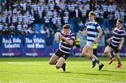 12 March 2024; Niall Fallon of Terenure College scores his side's second try during the Bank of Ireland Schools Junior Cup semi-final match between Blackrock College and Terenure College at Energia Park in Dublin. Photo by Sam Barnes/Sportsfile