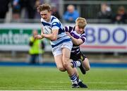 12 March 2024; Rhys Keogh of Blackrock College is tackled by Jamie Sharpe of Terenure College during the Bank of Ireland Schools Junior Cup semi-final match between Blackrock College and Terenure College at Energia Park in Dublin. Photo by Sam Barnes/Sportsfile
