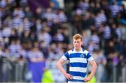 12 March 2024; Paddy Scally of Blackrock College dejected after his side's defeat in the Bank of Ireland Schools Junior Cup semi-final match between Blackrock College and Terenure College at Energia Park in Dublin. Photo by Sam Barnes/Sportsfile