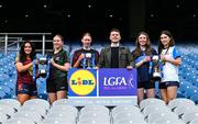 13 March 2024; In attendance at the Lidl All-Ireland Post-Primary Schools Finals Captains day at Croke Park in Dublin is Lidl Ireland partnership and events manager Jamie O Rourke, with senior finalists, from left, Mia Bennett of St Columba's Comprehensive School Glenties, Donegal and Meadhbh Hanley of Dunmore Community School, Galway, Ciara Brennan of St Attracta's Community School Tubbercurry, Sligo, Hazel Hughes of Our Lady's Secondary School Castleblayney, Monaghan and Beth Hoban of Sacred Heart School Westport, Mayo. The 2024 Finals will be contested at Senior and Junior levels, with three finals in each grade. All three Lidl All-Ireland PPS Senior Finals will be live-streamed. Photo by Brendan Moran/Sportsfile