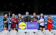 13 March 2024; In attendance at the Lidl All-Ireland Post-Primary Schools Finals Captains day at Croke Park in Dublin is Lidl Ireland partnership and events manager Jamie O Rourke, with junior finalists, from left, Katie Farragher of Presentation College Headford, Galway, Aoibhin Donohue of St Ronan's College Lurgan, Armagh, Hannah Lawless FCJ S.S. Bunclody, Wexford, Katie O'Meara of Loreto College, Cavan and Kate Brennan of Ballinrobe Community School, Mayo and Maisie Murphy of St Marys Macroom, Cork. The 2024 Finals will be contested at Senior and Junior levels, with three finals in each grade. All three Lidl All-Ireland PPS Senior Finals will be live-streamed. Photo by Brendan Moran/Sportsfile