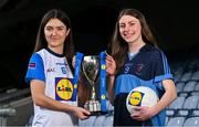 13 March 2024; In attendance at the Lidl All-Ireland Post-Primary Schools Finals Captains day at Croke Park in Dublin are senior A finalists Beth Hoban of Sacred Heart School Westport, Mayo, left, and Hazel Hughes of Our Lady's Secondary School Castleblayney, Monaghan. The 2024 Finals will be contested at Senior and Junior levels, with three finals in each grade. All three Lidl All-Ireland PPS Senior Finals will be live-streamed. Photo by Brendan Moran/Sportsfile
