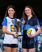 13 March 2024; In attendance at the Lidl All-Ireland Post-Primary Schools Finals Captains day at Croke Park in Dublin are senior A finalists Beth Hoban of Sacred Heart School Westport, Mayo, left, and Hazel Hughes of Our Lady's Secondary School Castleblayney, Monaghan. The 2024 Finals will be contested at Senior and Junior levels, with three finals in each grade. All three Lidl All-Ireland PPS Senior Finals will be live-streamed. Photo by Brendan Moran/Sportsfile
