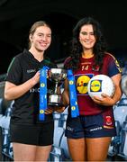 13 March 2024; In attendance at the Lidl All-Ireland Post-Primary Schools Finals Captains day at Croke Park in Dublin are senior C finalists Meadhbh Hanley of Dunmore Community School, Galway, left, and Mia Bennett of St Columba's Comprehensive School Glenties, Donegal. The 2024 Finals will be contested at Senior and Junior levels, with three finals in each grade. All three Lidl All-Ireland PPS Senior Finals will be live-streamed. Photo by Brendan Moran/Sportsfile