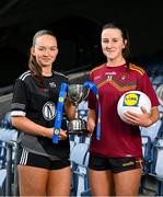 13 March 2024; In attendance at the Lidl All-Ireland Post-Primary Schools Finals Captains day at Croke Park in Dublin are junior B finalists Katie Farragher of Presentation College Headford, Galway, left, and Aoibhin Donohue of St Ronan's College Lurgan, Armagh. The 2024 Finals will be contested at Senior and Junior levels, with three finals in each grade. All three Lidl All-Ireland PPS Senior Finals will be live-streamed. Photo by Brendan Moran/Sportsfile