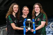 13 March 2024; In attendance at the Lidl All-Ireland Post-Primary Schools Finals Captains day at Croke Park in Dublin are, from left, Emma Heneghan, Meadhbh Hanley and Alicia Costello of Dunmore Community School, Galway. The 2024 Finals will be contested at Senior and Junior levels, with three finals in each grade. All three Lidl All-Ireland PPS Senior Finals will be live-streamed. Photo by Brendan Moran/Sportsfile