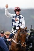 13 March 2024; Jockey Paul Townend celebrates aboard Ballyburn after winning the Gallagher Novices' Hurdle on day two of the Cheltenham Racing Festival at Prestbury Park in Cheltenham, England. Photo by David Fitzgerald/Sportsfile