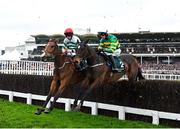 13 March 2024; Fact To File, with Mark Walsh up, right, jump a fence alongside American Mike, with Jack Kennedy up, who finished fifth, on their way to winning the Brown Advisory Novices' Chase on day two of the Cheltenham Racing Festival at Prestbury Park in Cheltenham, England. Photo by Harry Murphy/Sportsfile