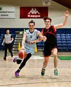 13 March 2024; Ajay Ryan Walsh of TUS Midwest in action against Daniel Cassidy of Griffith College Dublin during the Basketball Ireland Men's Colleges Division 1 final match between TUS Midwest and Griffith College Dublin at National Basketball Arena in Tallaght, Dublin. Photo by Piaras Ó Mídheach/Sportsfile