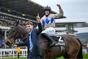 13 March 2024; Jockey Rachael Blackmore celebrates aboard Captain Guinness after winning the Champion Chase on day two of the Cheltenham Racing Festival at Prestbury Park in Cheltenham, England. Photo by Harry Murphy/Sportsfile