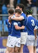 13 March 2024; Nic Sheehan of St Mary’s College, left, and team-mate Patrick Crane celebrate after the Bank of Ireland Schools Junior Cup semi-final match between St Michael's College and St Mary's College at Energia Park in Dublin. Photo by Daire Brennan/Sportsfile