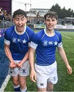 13 March 2024; William Kelly of St Mary’s College, left, and Jeff Prendergast celebrate after the Bank of Ireland Schools Junior Cup semi-final match between St Michael's College and St Mary's College at Energia Park in Dublin. Photo by Daire Brennan/Sportsfile
