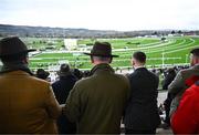 13 March 2024; Trainer Willie Mullins, centre, watches the Weatherbys Champion Bumper, where he had his hundreth Cheltenham winner, on day two of the Cheltenham Racing Festival at Prestbury Park in Cheltenham, England. Photo by Harry Murphy/Sportsfile