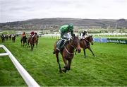 13 March 2024; Jasmin De Vaux, with Patrick Mullins up, wins the Weatherbys Champion Bumper on day two of the Cheltenham Racing Festival at Prestbury Park in Cheltenham, England. Photo by David Fitzgerald/Sportsfile