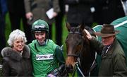 13 March 2024; The Mullins family, jockey Patrick, Jackie and trainer Willie Mullins celebrate after winning the Weatherbys Champion Bumper on Jasmin De Vaux during day two of the Cheltenham Racing Festival at Prestbury Park in Cheltenham, England. Photo by David Fitzgerald/Sportsfile