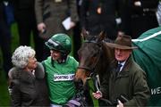 13 March 2024; The Mullins family, jockey Patrick, Jackie and trainer Willie Mullins celebrate after winning the Weatherbys Champion Bumper on Jasmin De Vaux during day two of the Cheltenham Racing Festival at Prestbury Park in Cheltenham, England. Photo by David Fitzgerald/Sportsfile