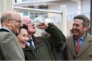 13 March 2024; Trainer Willie Mullins celebrates after sending out Jasmin De Vaux to win the Weatherbys Champion Bumper, his hundreth Cheltenham winner, on day two of the Cheltenham Racing Festival at Prestbury Park in Cheltenham, England. Photo by Harry Murphy/Sportsfile