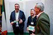 13 March 2024; Olympians, from left, Kenneth Egan, Paddy Barnes and Brendan O'Connell in attendance at a reception in Trinity College to celebrate 100 years of Team Ireland’s participation at the Olympics, and to officially reveal the names of the athletes who have represented Ireland in the Olympic Games since Ireland first competed as a nation in Paris 1924. Photo by Brendan Moran/Sportsfile