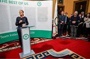 13 March 2024; OFI president Sarah Keane speaking during a reception in Trinity College to celebrate 100 years of Team Ireland’s participation at the Olympics, and to officially reveal the names of the athletes who have represented Ireland in the Olympic Games since Ireland first competed as a nation in Paris 1924. Photo by Brendan Moran/Sportsfile