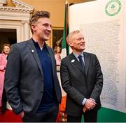 13 March 2024; Olympian and Team Ireland Chef de Mission Paris 2024 Gavin Noble, left, and H.E. Vincent Guérend, Ambassador of France to Ireland, in attendance at a reception in Trinity College to celebrate 100 years of Team Ireland’s participation at the Olympics, and to officially reveal the names of the athletes who have represented Ireland in the Olympic Games since Ireland first competed as a nation in Paris 1924. Photo by Brendan Moran/Sportsfile